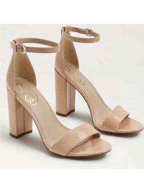 NIB Sam Edelman Yaro Ankle Strap Block Heel Sandals in Patent Beige Blush